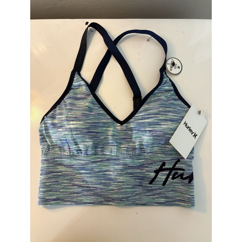 Hurley Women's Striped Sports Bra Blue Green S Removable Cups Racerback